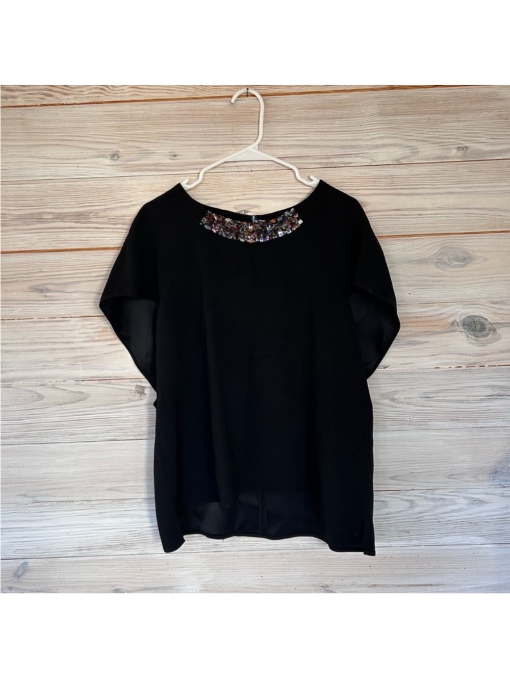 Gerard Darel Black Short Sleeve Sequin Neck Back Zipper Blouse Size 44